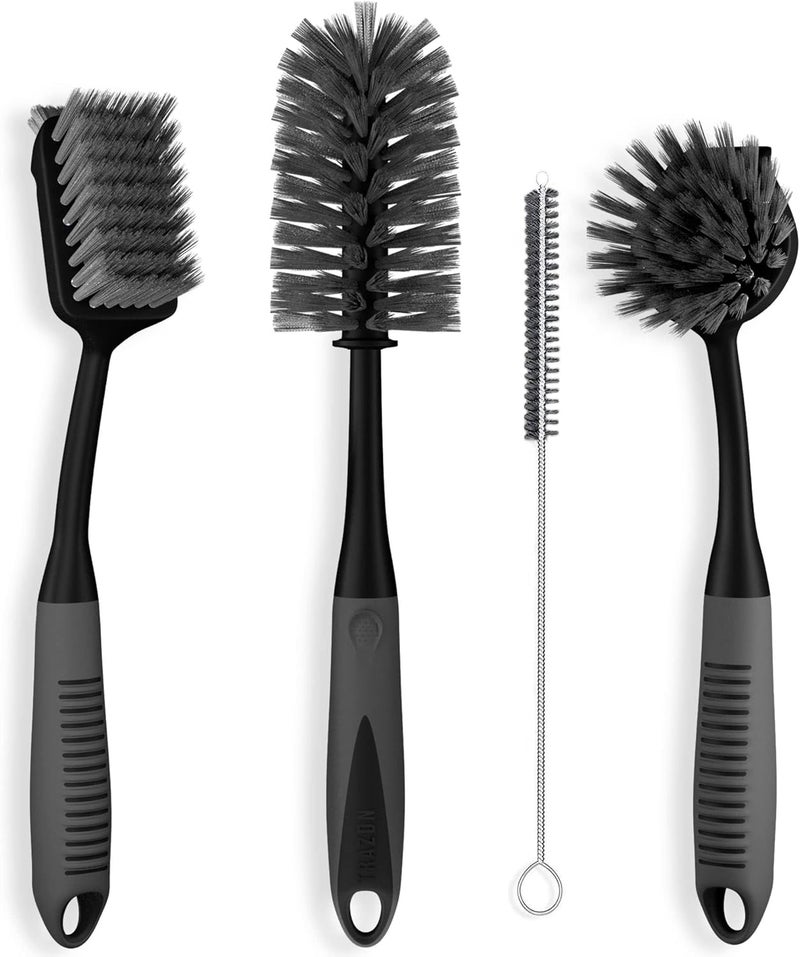 Trazon Dish Brush Set of 4 - Kitchen Scrub Brushes with Non-Slip Long Handle for Cleaning, Scrubber, Dishwashing, Dishes, Bottles, Straws, Cups, Pots & Sink, Black - Image 1